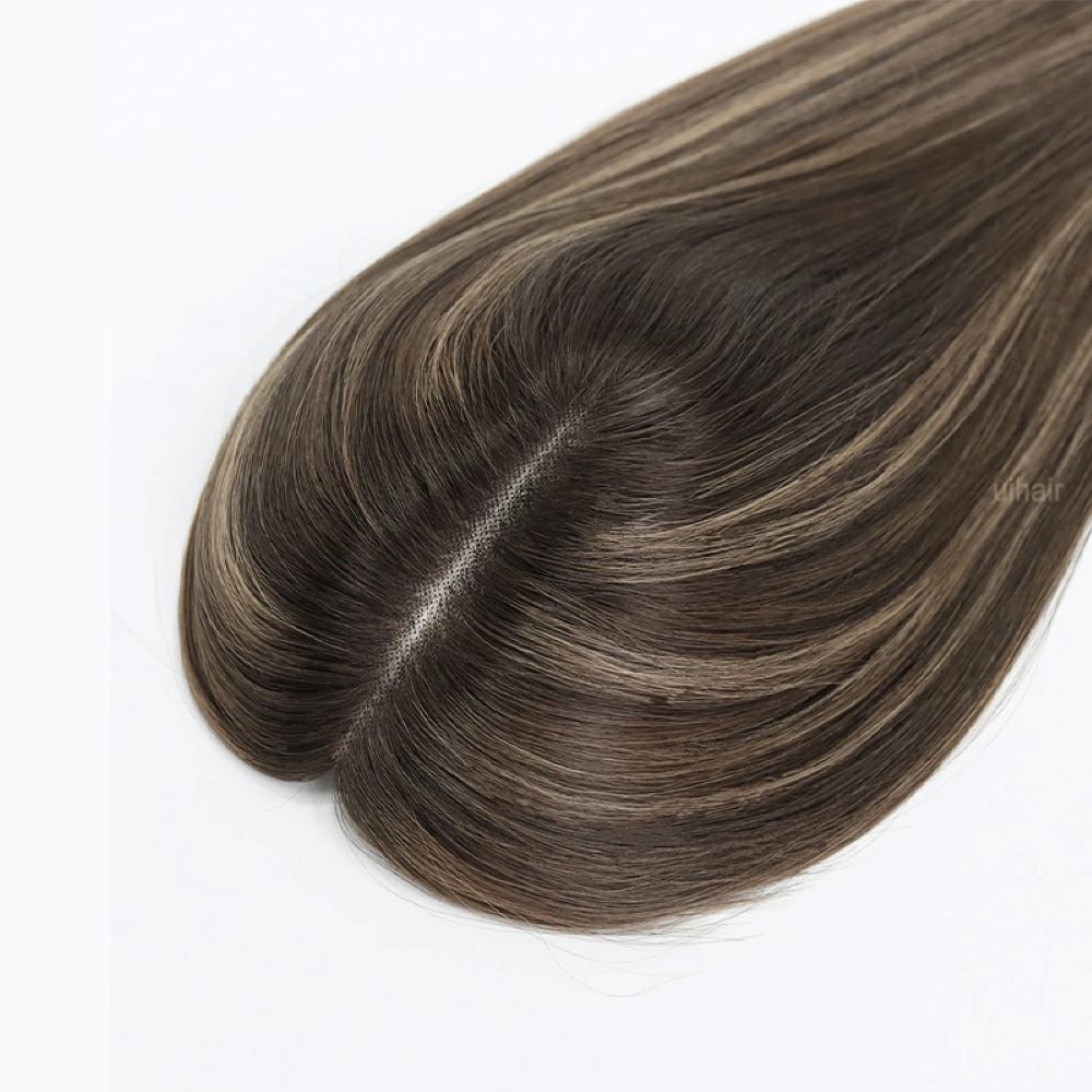 100% premium virgin human hair topper showing natural straight hair texture and realistic shine.