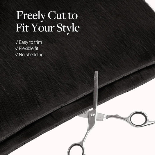 Comparison showing the zero-bulk flat-to-scalp sitting of a premium black Genius weft versus traditional bulky tracks