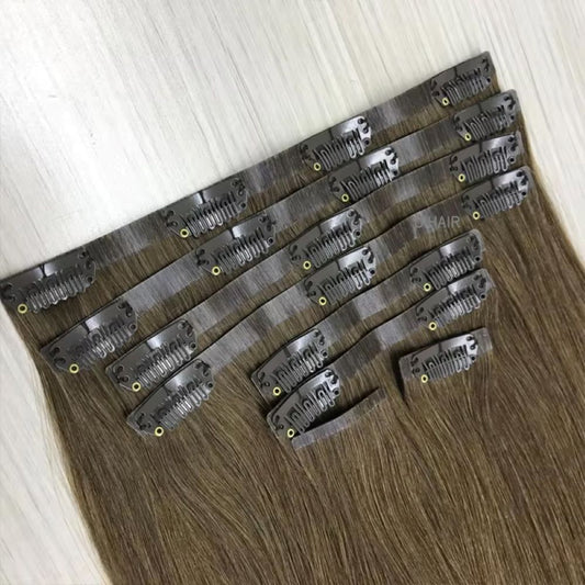7-piece set layout of invisible hair extensions on white background