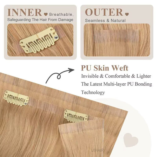 Model with fine hair applying invisible PU clip-ins for instant volume
