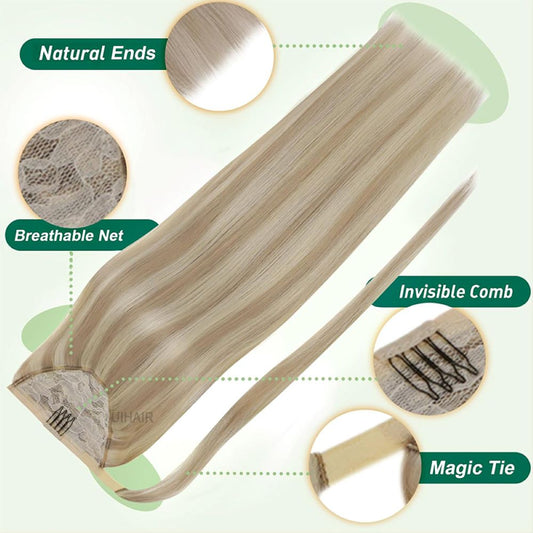 Close up detail of an internal 5 tooth invisible hair comb clip being tucked into a medium brown and blonde mixed ponytail elastic