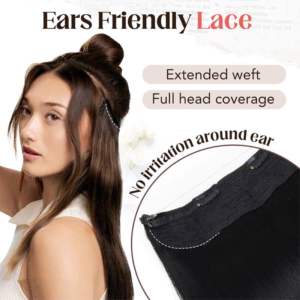 Instructional graphic showing 2 ways to adjust size on UIHAIR halo hair extension via notches and replacement wire.