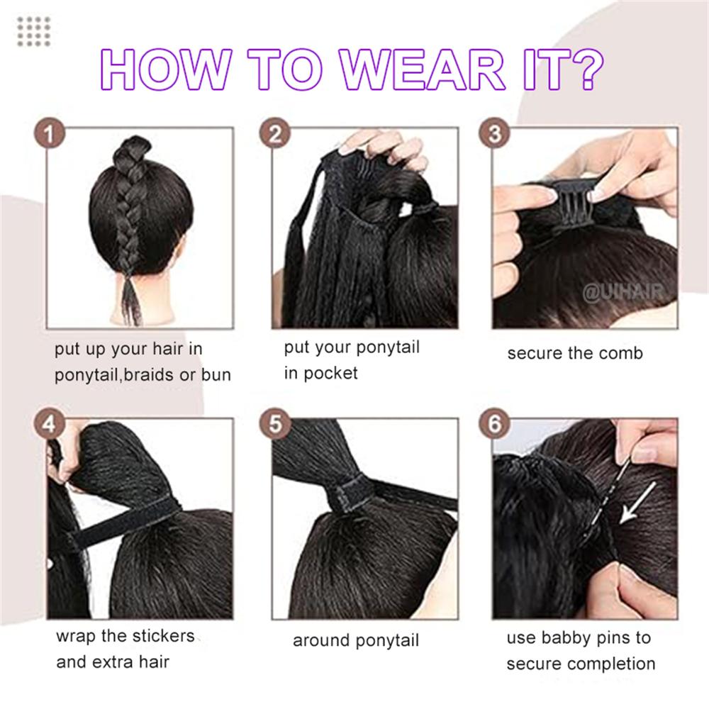 Anatomy detail diagram highlighting components of a premium multi tonal human hair ponytail extension including an upgraded pocket layout and magic tie