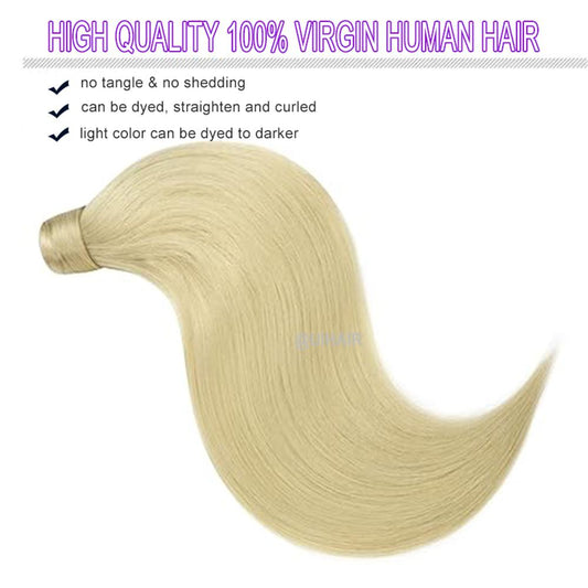 Close up of hands placing a platinum blonde wrap around human hair ponytail extension pocket over a natural hair bun