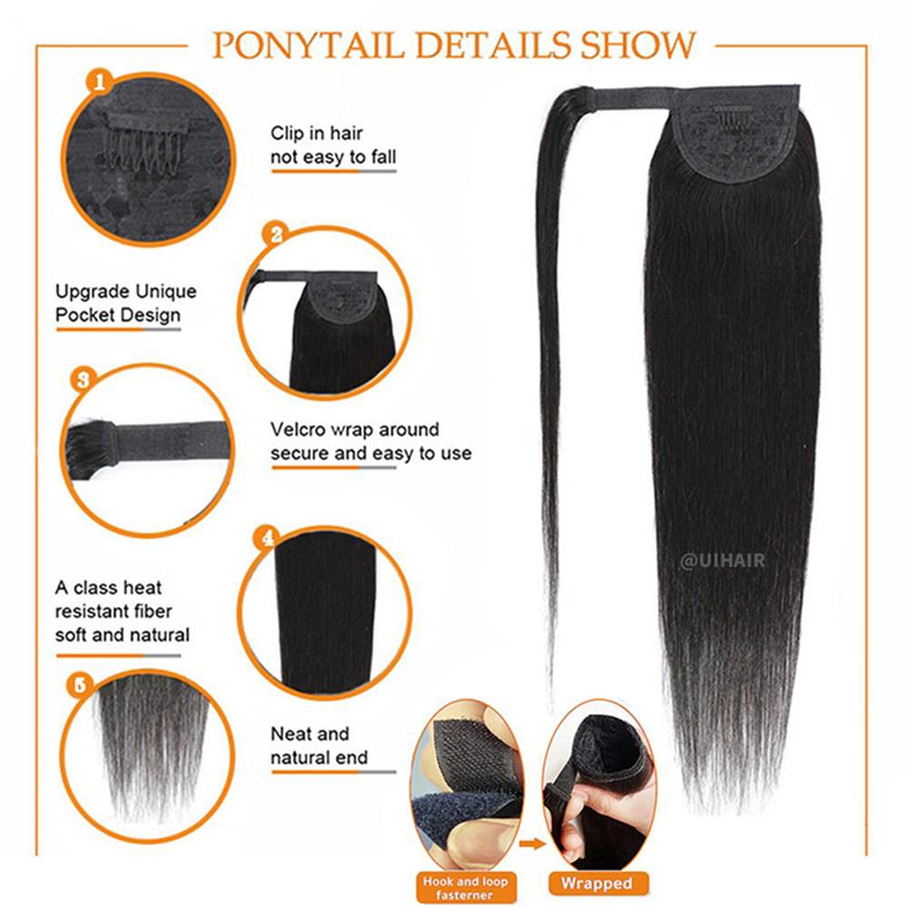 Anatomy detail diagram showing components of a premium blonde human hair ponytail extension including upgraded unique pocket design and secure wrap around fastener