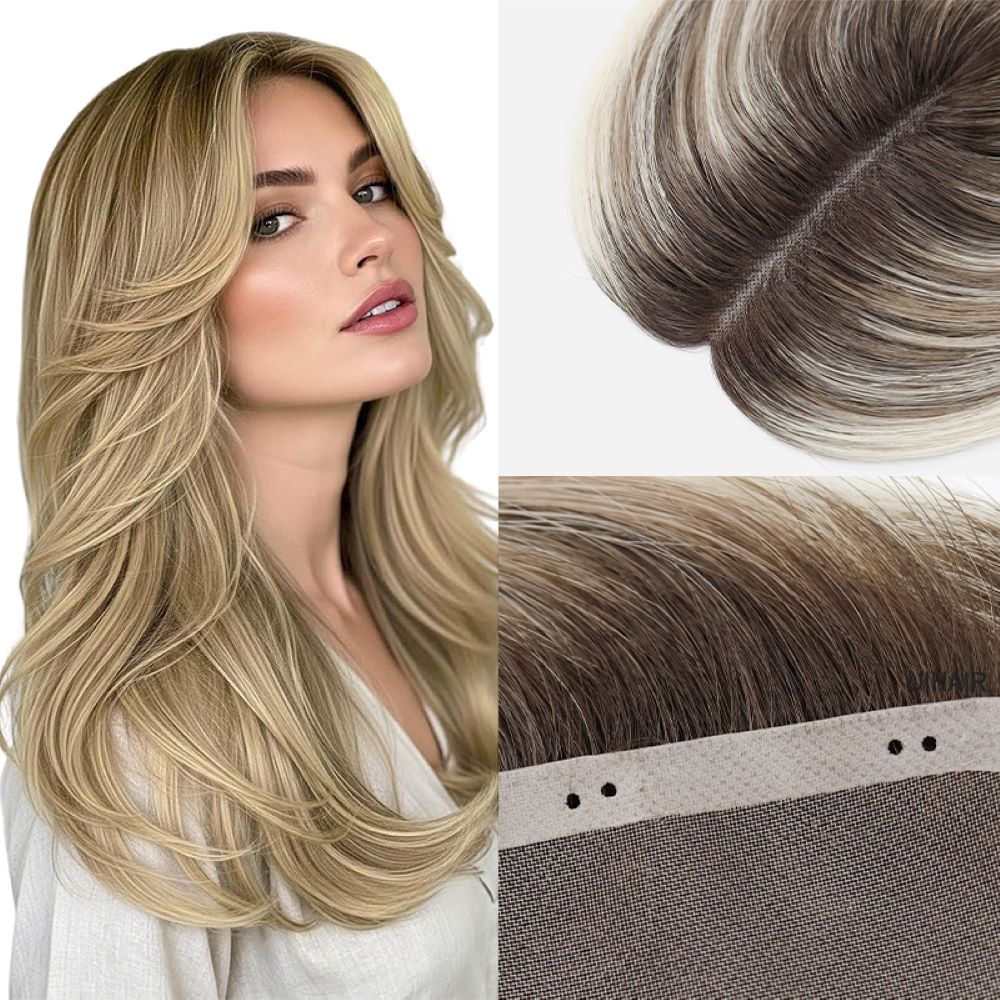High-quality 3x5 bead-in human hair topper with realistic parting on model showing natural volume