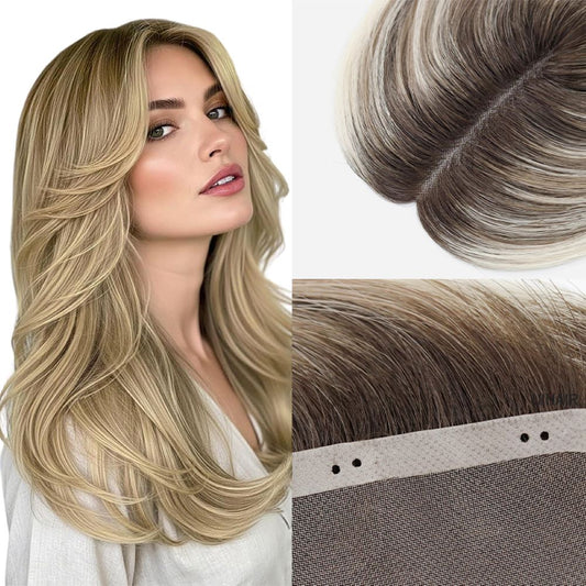 High-quality 3x5 bead-in human hair topper with realistic parting on model showing natural volume
