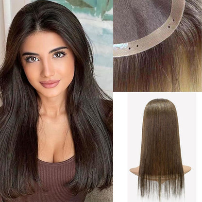 Beautiful Caucasian woman wearing a UIHAIR 4x5 bead-in topper under natural sunlight for seamless color blend.