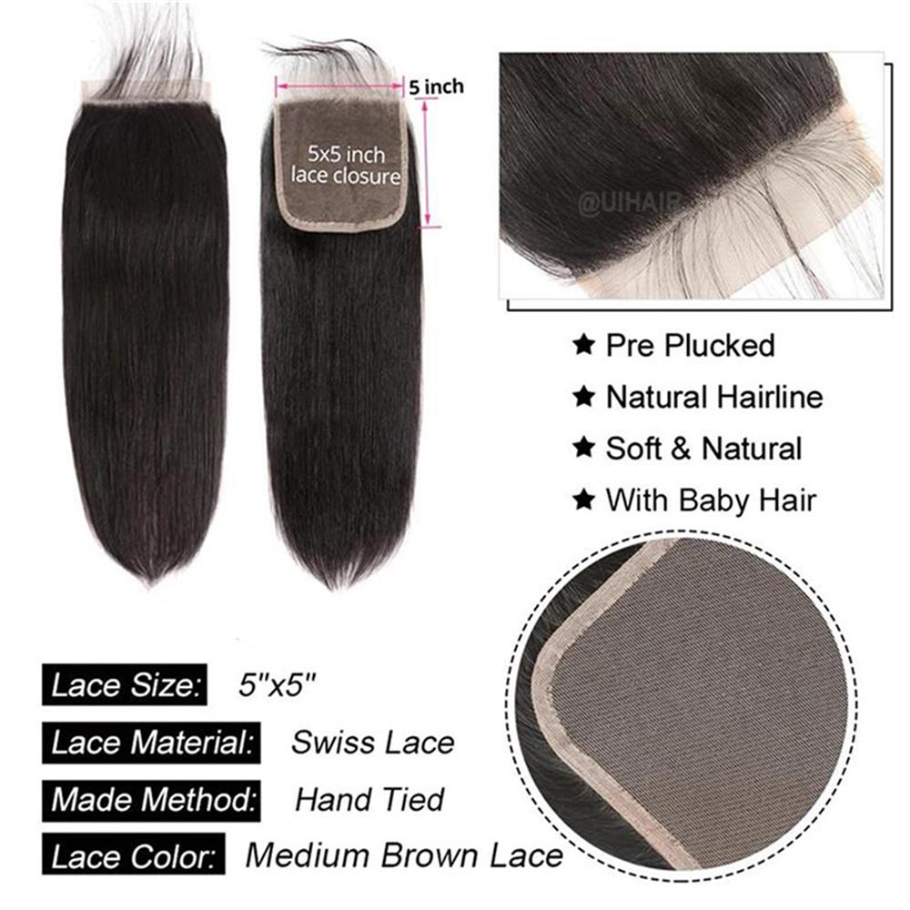 5X5 HD Swiss Lace Closure With Bundles Human Hair Straight