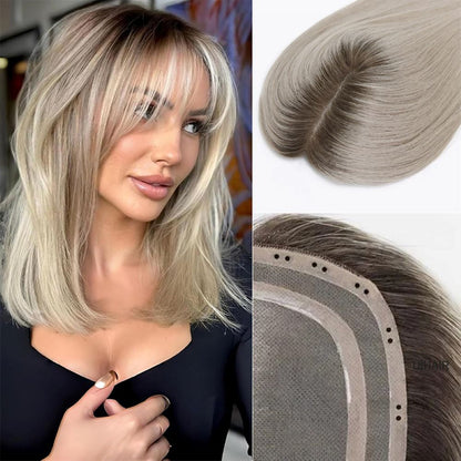 Ash blonde ombre virgin human hair topper with wispy bangs on white female model UIHAIR