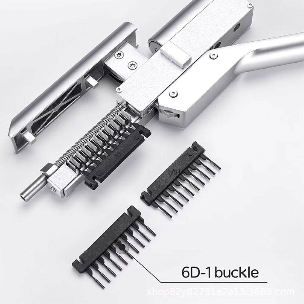 6D-1 hair extension replacement buckles loaded in a professional stainless steel 6D hair extension gun