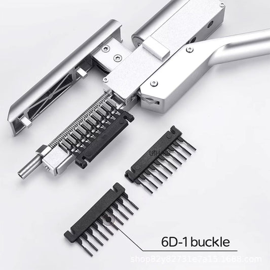 6D-1 hair extension replacement buckles loaded in a professional stainless steel 6D hair extension gun