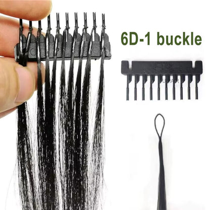 Hand holding black 6D-1 replacement buckle loaded with 10 individual human hair extension strands