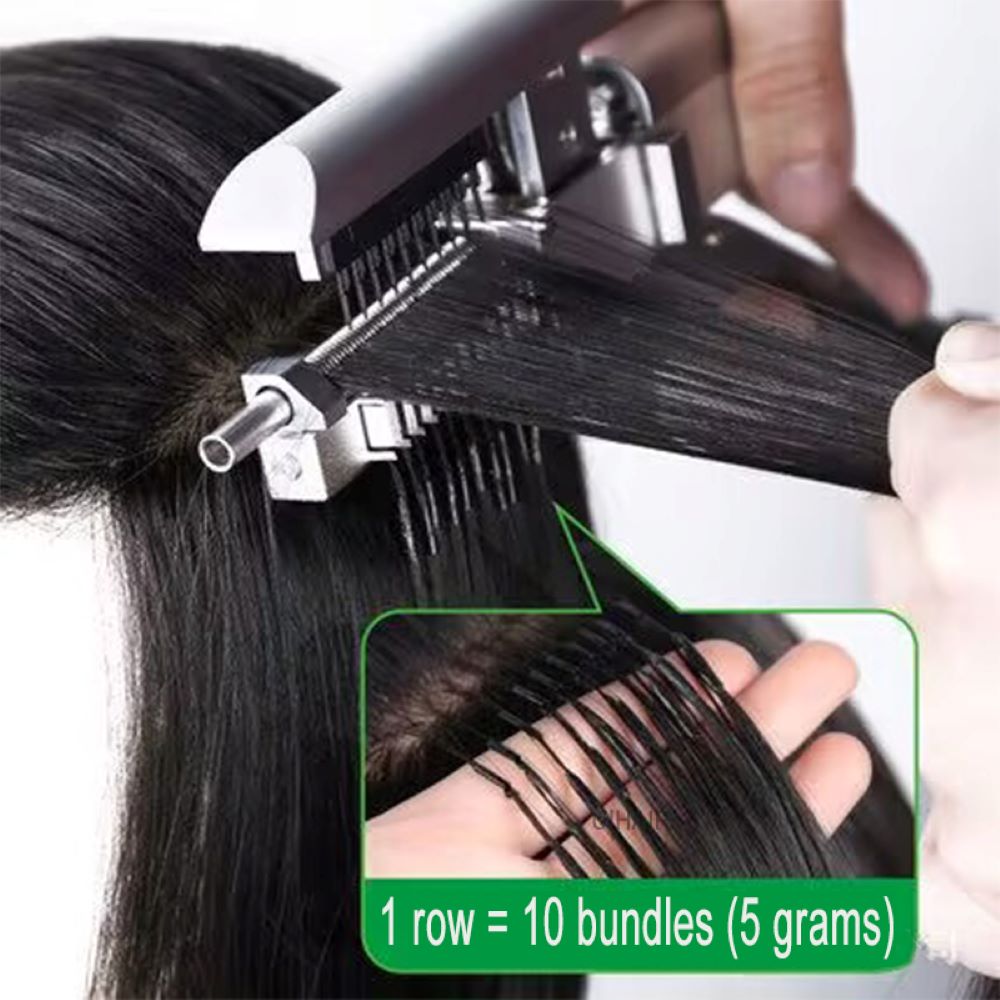 Salon stylist applying 6D-1 hair extensions with 1 row 10 bundles 5g capacity buckle clamp