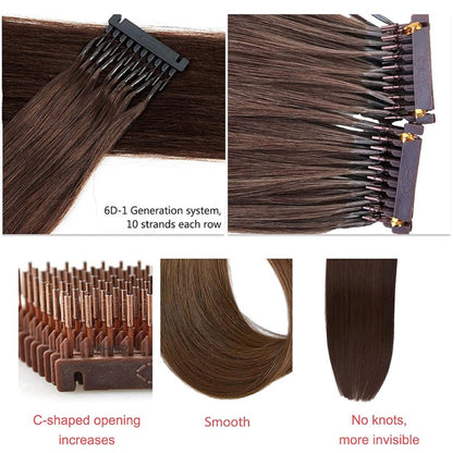 Close-up of UIHAIR 6D-1 generation hair system showing 10 strands per comb and C-shaped micro buckle opening
