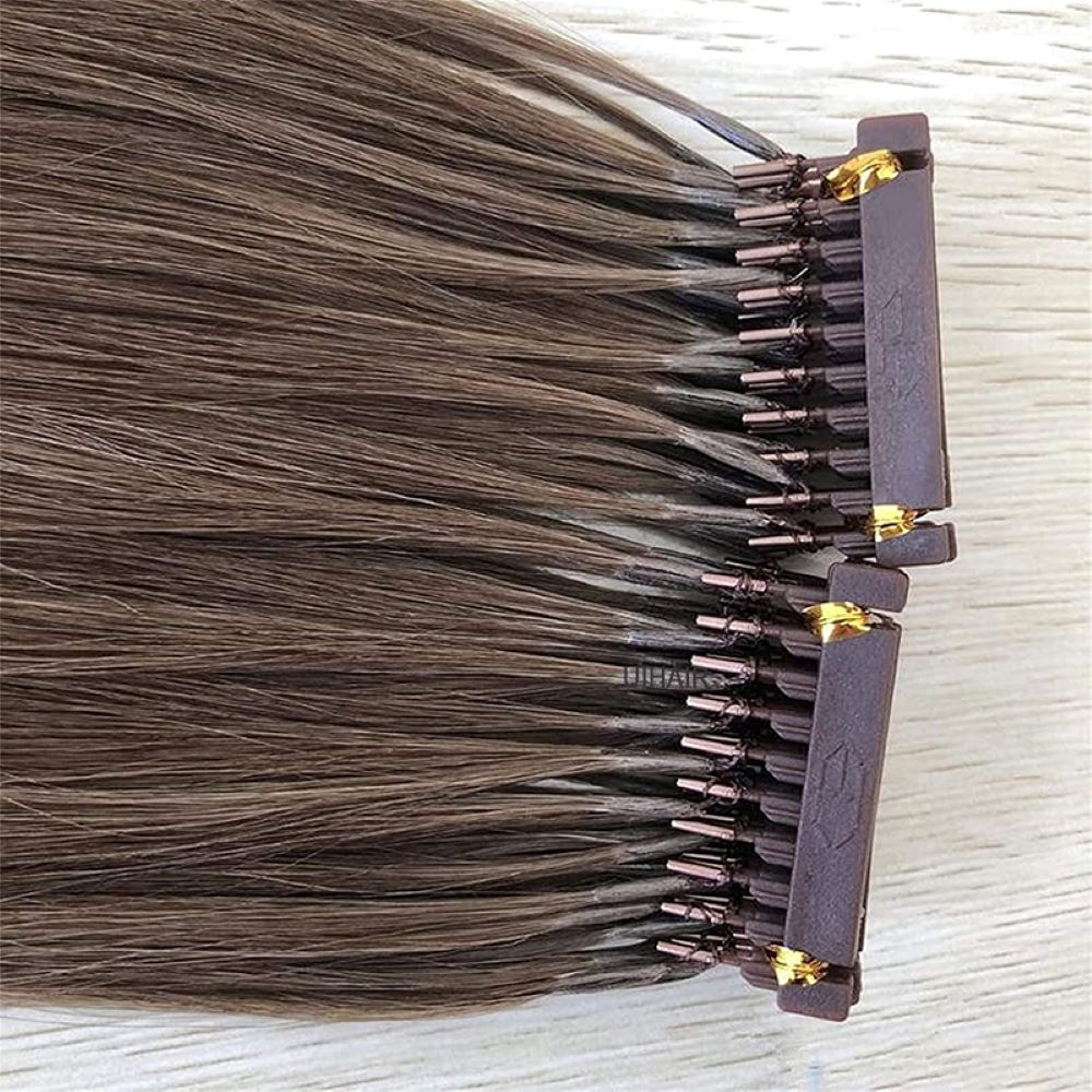 Precision micro-buckle connectors on 6D-1 brown virgin hair extensions for seamless invisible installation