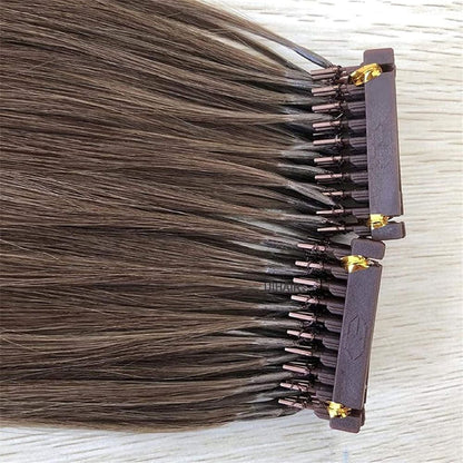 Precision micro-buckle connectors on 6D-1 brown virgin hair extensions for seamless invisible installation