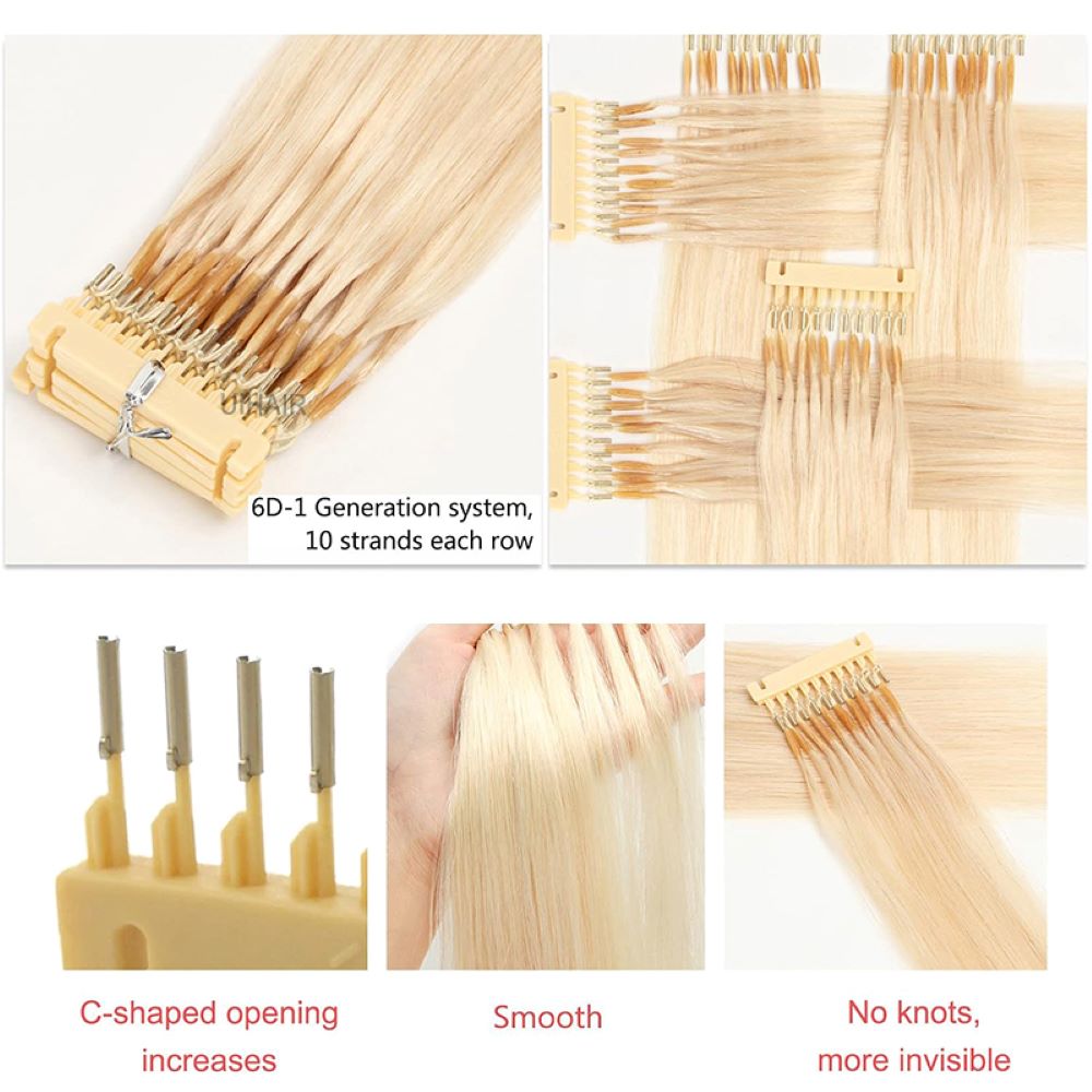 Close up of Nordic Ice Blonde 6D-1 hair extension C-shaped buckle clips