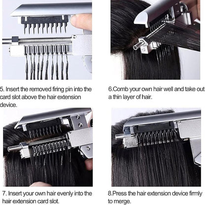 Stylist pressing 6D-1 hair extension tool button to open card slot