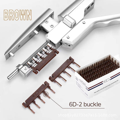 Salon stylist loading 6D-2 hair extension clamps into professional tool