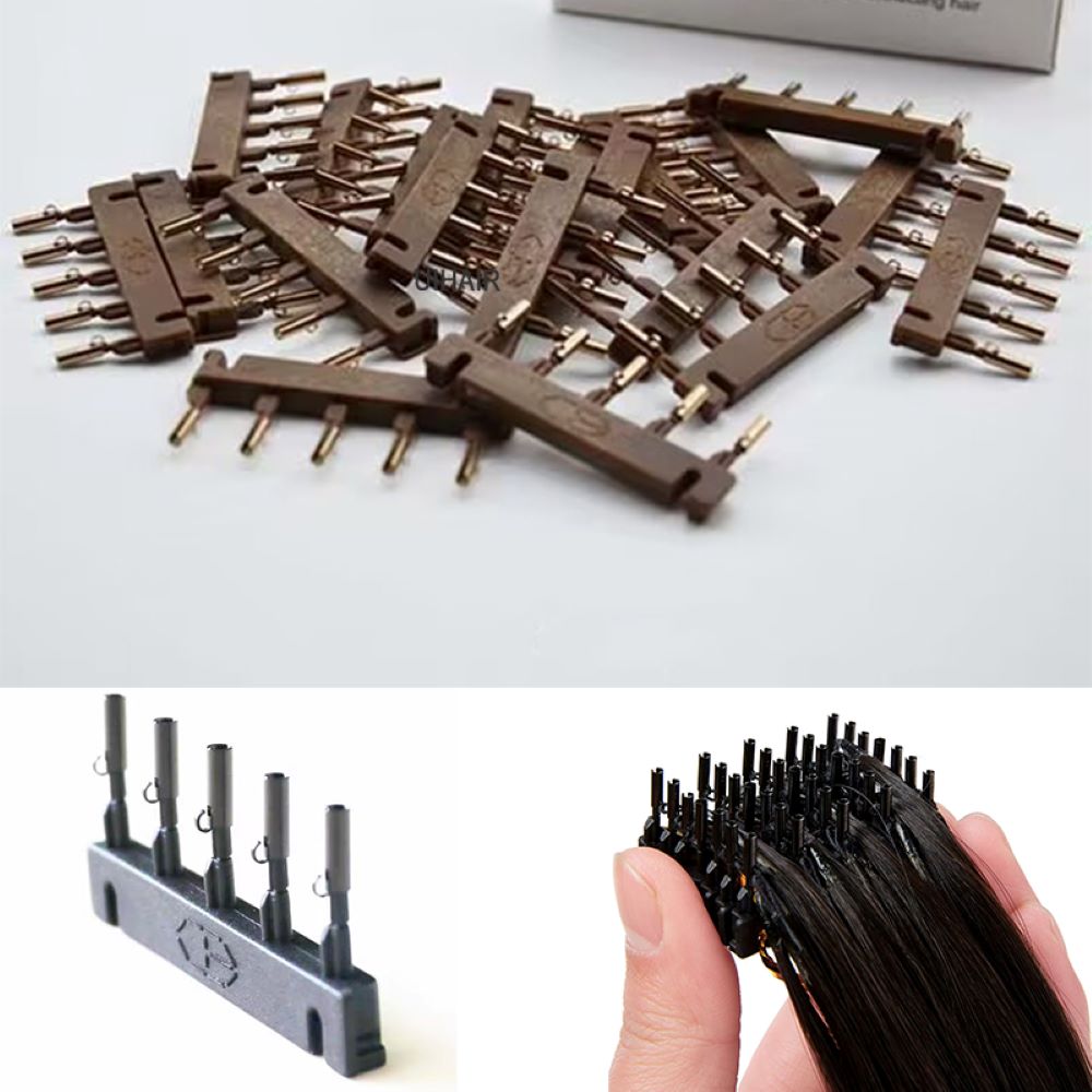 Five bunches in a row 6D-2 hair extension clamps close up detail