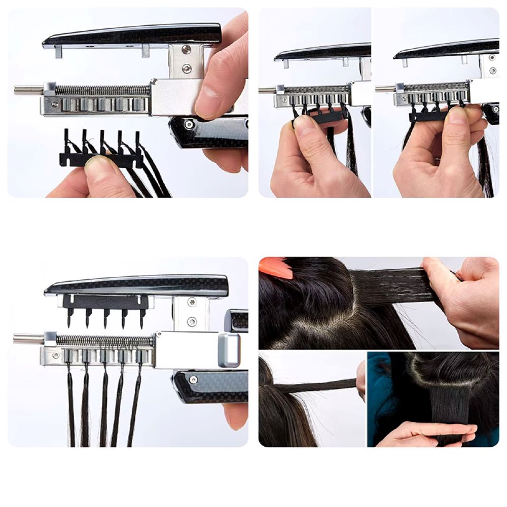 Professional stylist applying 6D-2 seamless hair extensions near scalp
