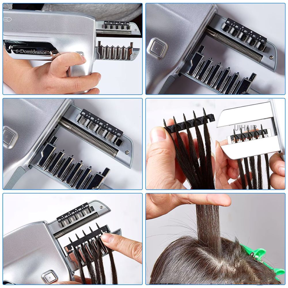 Stylist Installing Hair Extensions with 6D-3 Buckle and 6D Hair Extension Machine