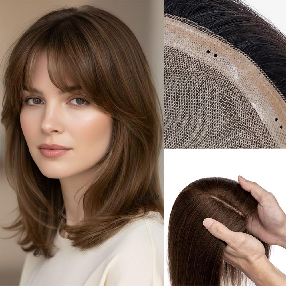 6x7 Full Silk Base Human Hair Topper with curtain bangs on female model brown hair color