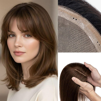 6x7 Full Silk Base Human Hair Topper with curtain bangs on female model brown hair color