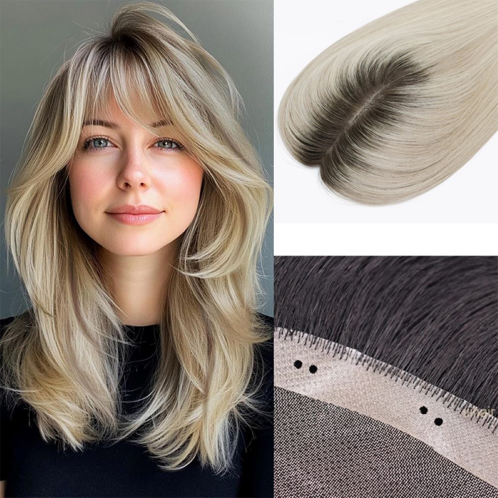 Premium 3x5 Bead-In Mono Human Hair Topper on blonde model with face-framing layers and curtain bangs.