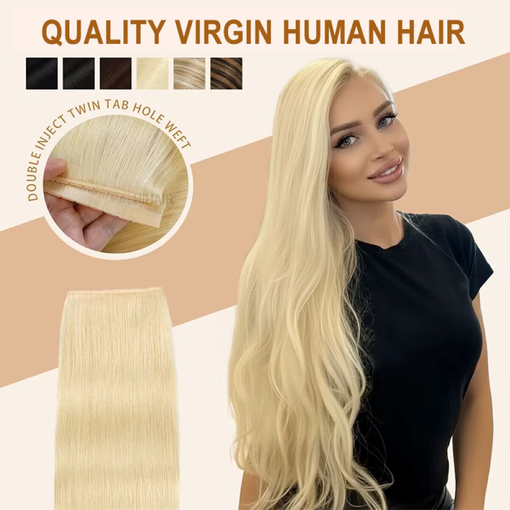 Applying professional double sided extension tape to the smooth clear PU layer of a blonde hair weft