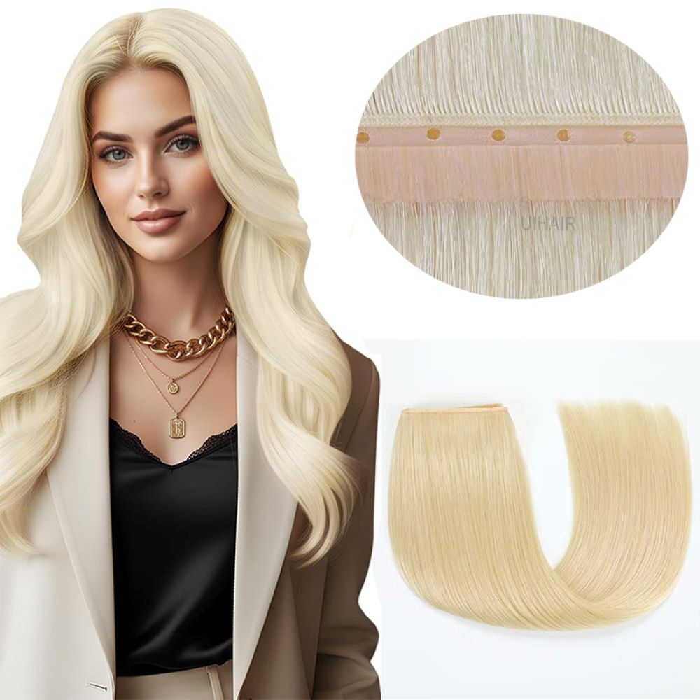 UIHAIR premium platinum ice blonde hybrid butterfly weft hair extensions on bright background