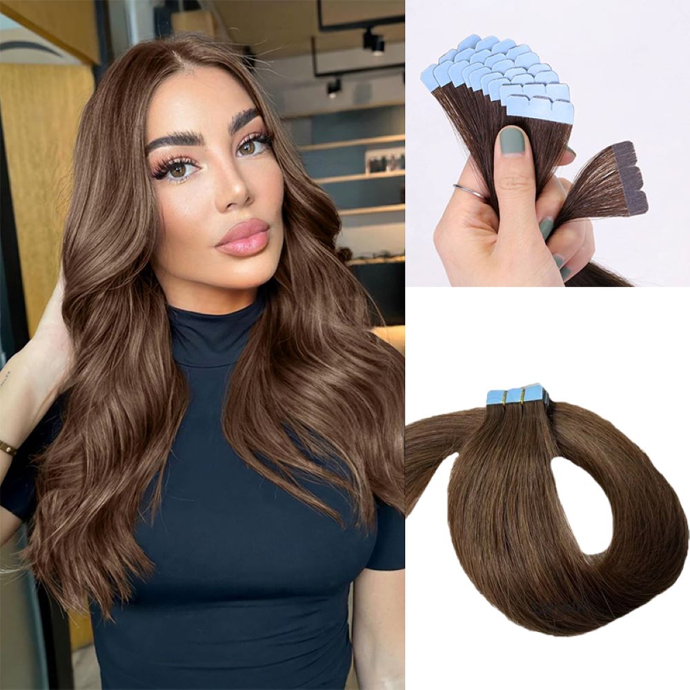 Close-up of brown foldable tape-in hair extensions showing invisible bond