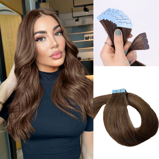 Close-up of brown foldable tape-in hair extensions showing invisible bond