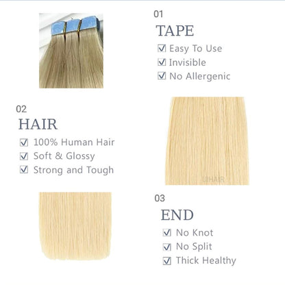 Model with long seamless blonde hair extensions looking to the side.