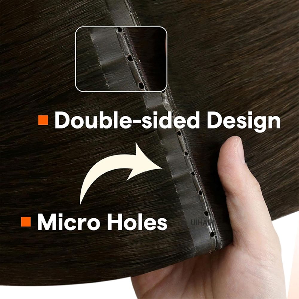 Close up view of brown genius PU double sided hair track with pre cut micro holes
