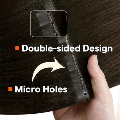 Close up view of brown genius PU double sided hair track with pre cut micro holes