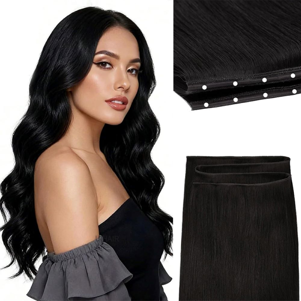 Heat styling premium human hair extensions in natural black with a flat iron up to 180°C for a bone-straight look.