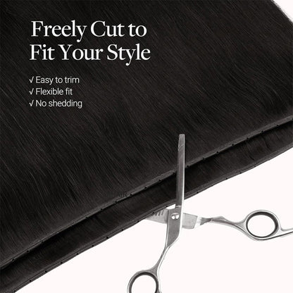 Comparison showing the zero-bulk flat-to-scalp sitting of a premium black Genius weft versus traditional bulky tracks