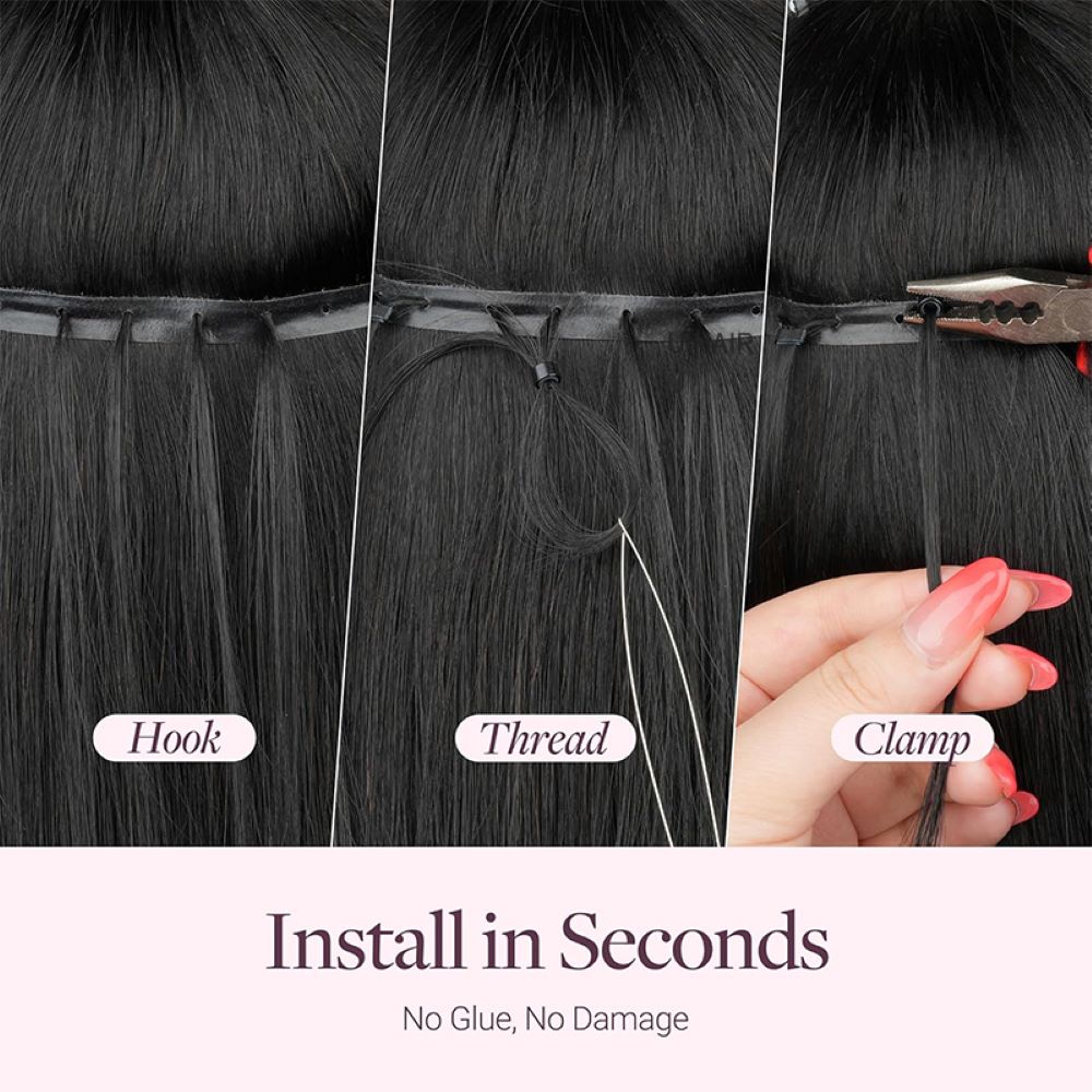 Close-up of a flawless half-up half-down hairstyle revealing the invisible track of UIHAIR dark black seamless wefts.