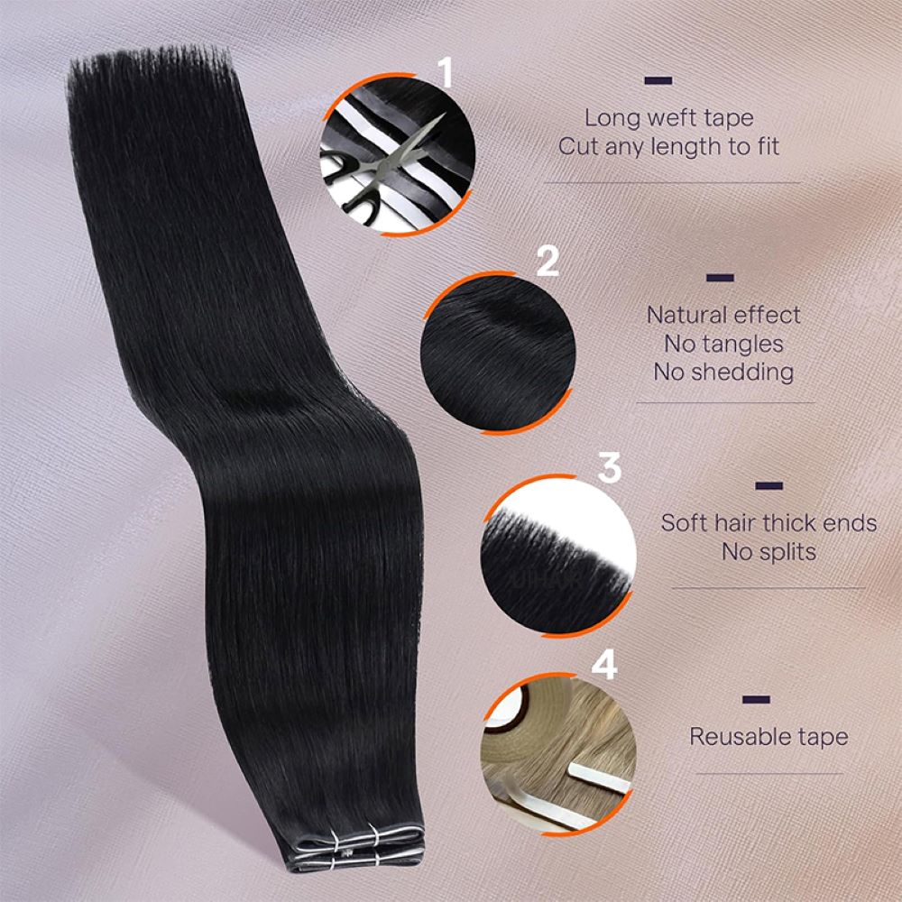 Detailed view of premium 100 percent virgin human hair thick ends in natural darkest black color.