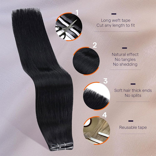 Detailed view of premium 100 percent virgin human hair thick ends in natural darkest black color.