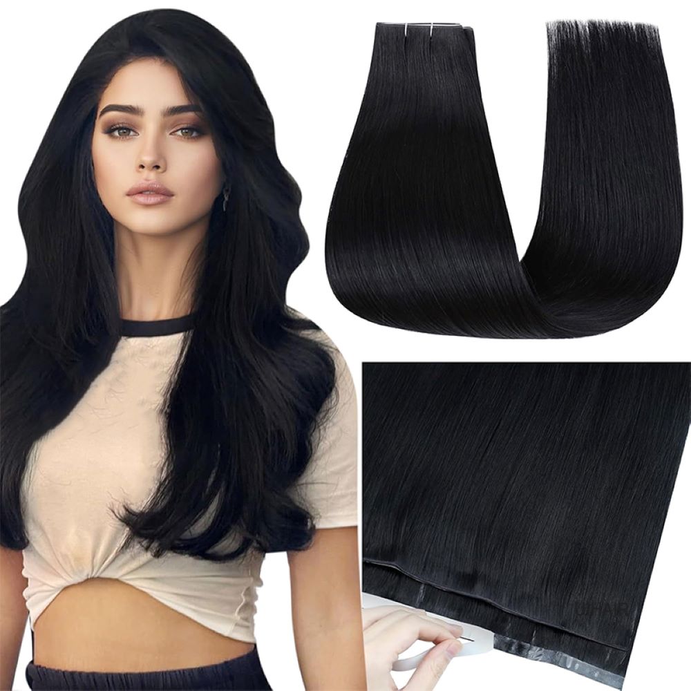flat paper thin polyurethane track on a jet black invisible skin weft hair extension.