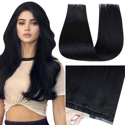 flat paper thin polyurethane track on a jet black invisible skin weft hair extension.