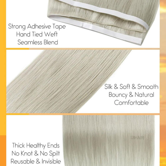 A professional stylist cutting a long continuous strip of luxury blonde hair extension to size using sharp shears.