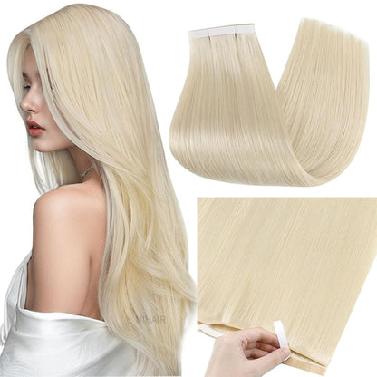 clean crisp platinum blonde number 613 seamless tape in hair weft showing smooth texture.