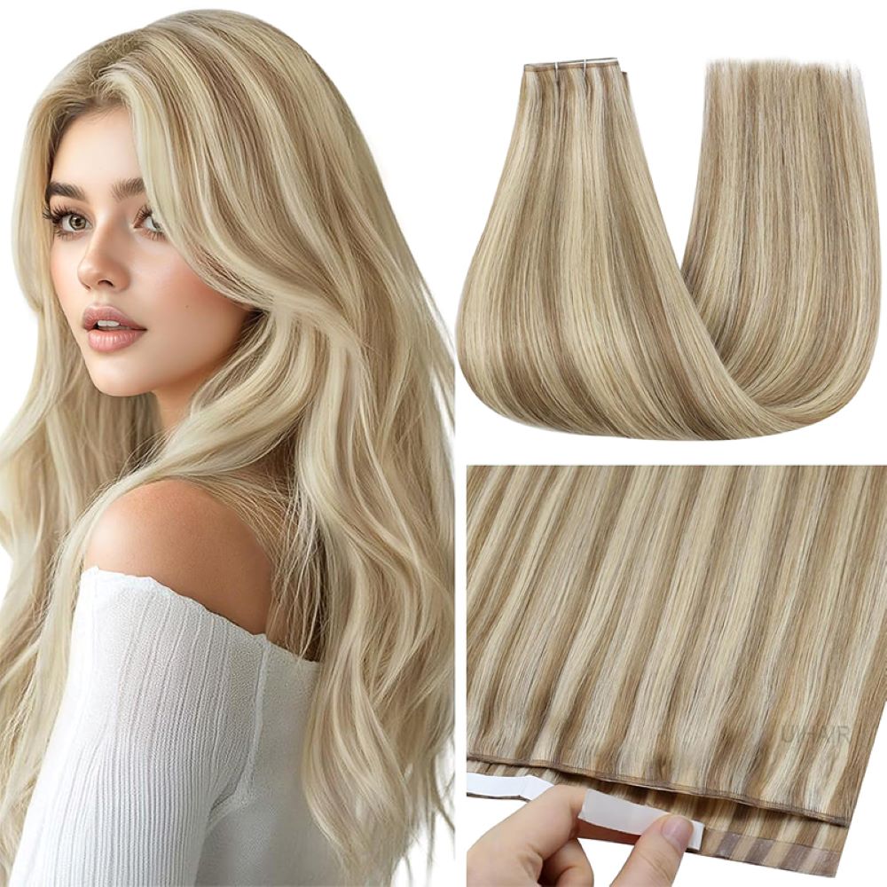 multi dimensional piano highlights mix number P4-613 tape in hair weft showing clear linear contrast.