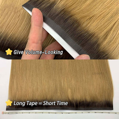 Before and after conversion results of solid dark hair transformed with a safe bleach free balayage melt using a genius tape weft.