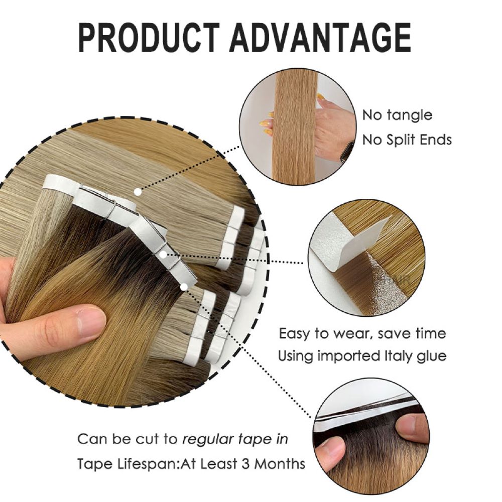 Stylist peeling the protective white paper backing off a premium hypoallergenic long tape in balayage extension strip.