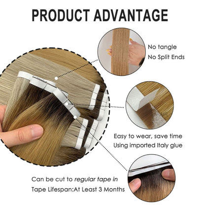 Stylist peeling the protective white paper backing off a premium hypoallergenic long tape in balayage extension strip.